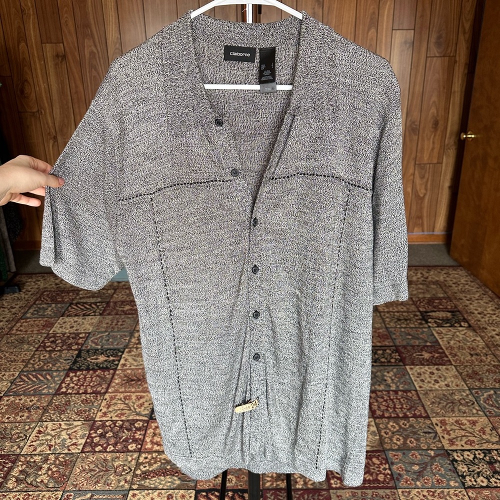 Claiborne Silk Viscose Bowling Shirt - Polo Style, Grey & Black